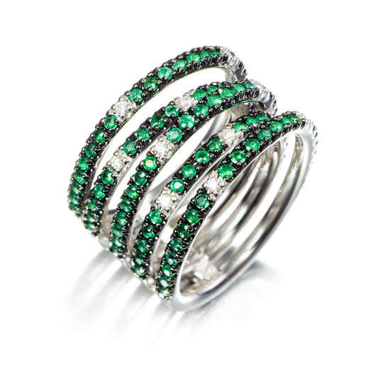 Anillo multiaro de oro 18K con diamantes 0,14cts y esmeraldas