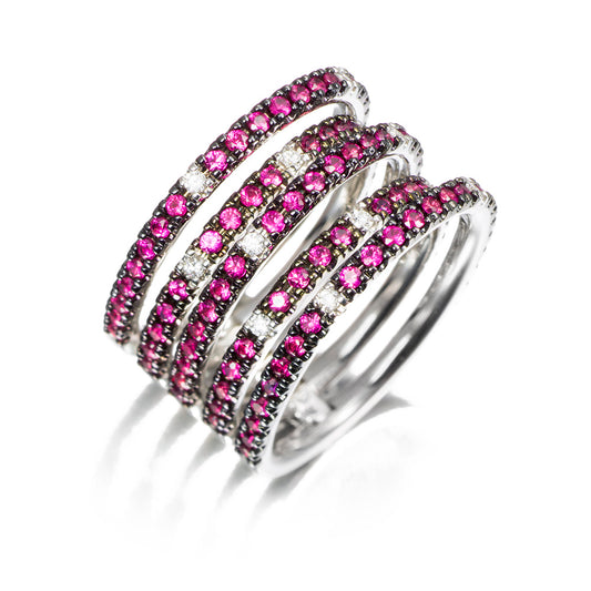 Anillo multiaro de oro 18K con diamantes 0,14cts y rubíes