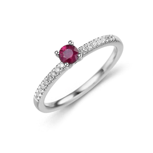 Solitario de oro 18K con rubí y acompañamiento de diamantes