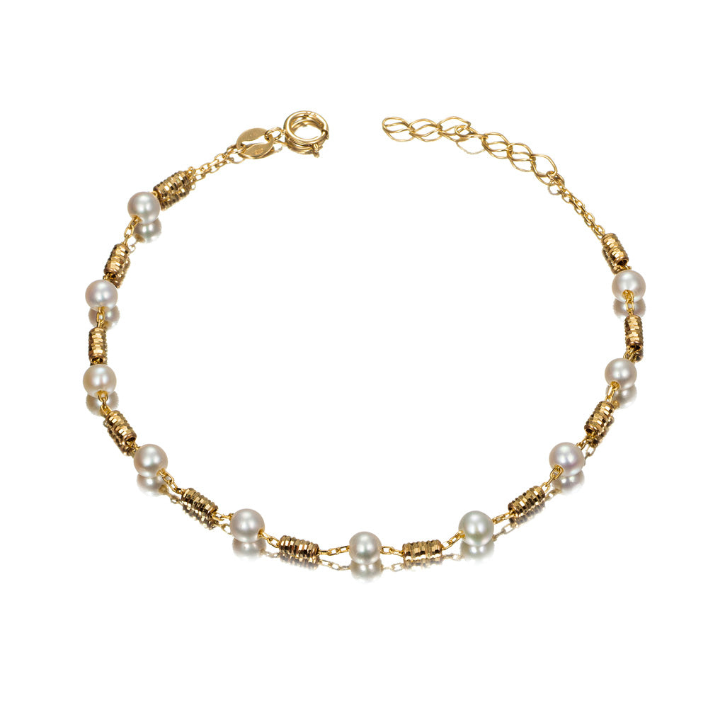 Pulsera de oro 9K con perlas y barritas labradas