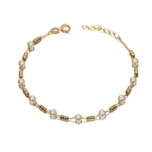 Pulsera de oro 9K con perlas y barritas labradas